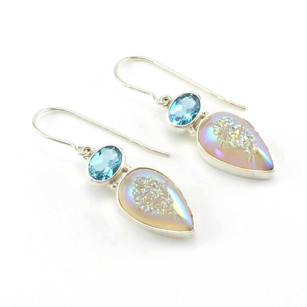 Sterling Silver Blue Topaz Druzy Agate Earrings