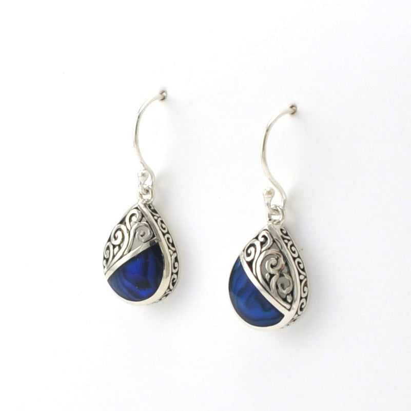 Side View Sterling Silver Blue Abalone Bali Earrings