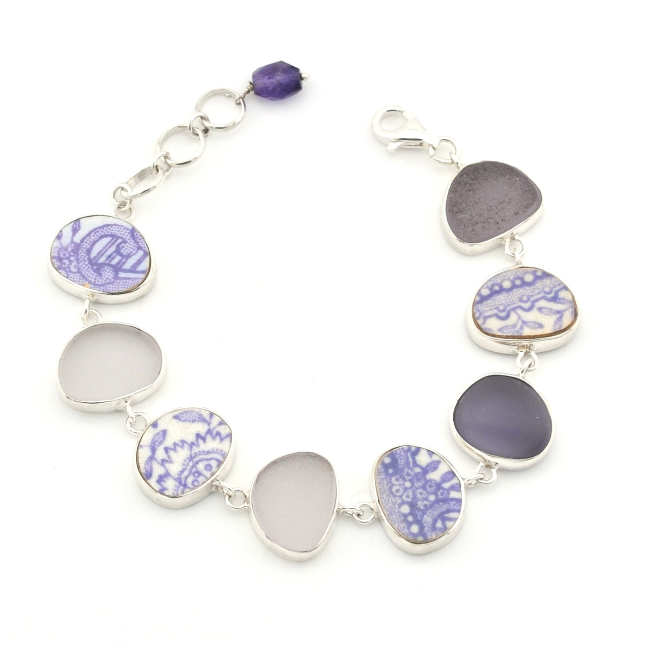 Sterling Silver Lavender Sea Glass and Vintage Porcelain Bracelet