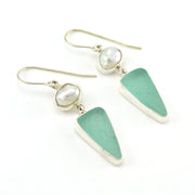 Sterling Silver Pearl Aqua Sea Glass Dangle Earrings