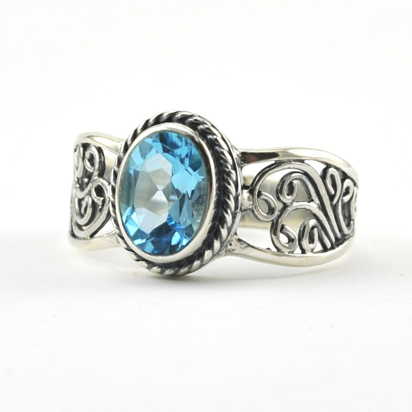 Sterling Silver Blue Topaz 6x8mm Scroll Bali Ring