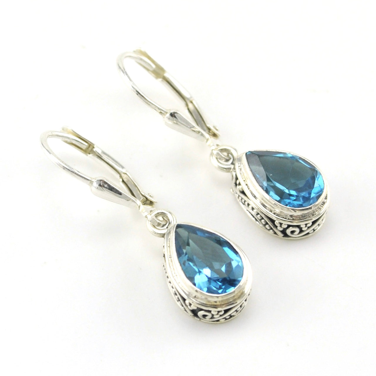 Sterling Silver Blue Topaz 6x9mm Tear Bali Dangle Earrings