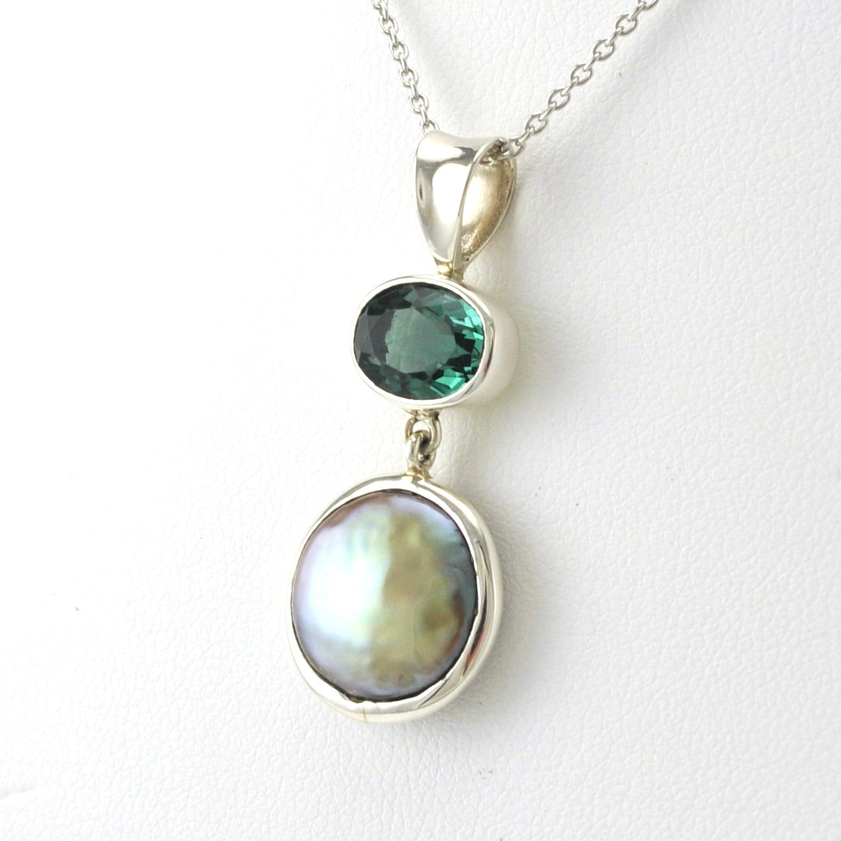 Sterling Silver Green Quartz Coin Pearl Necklace