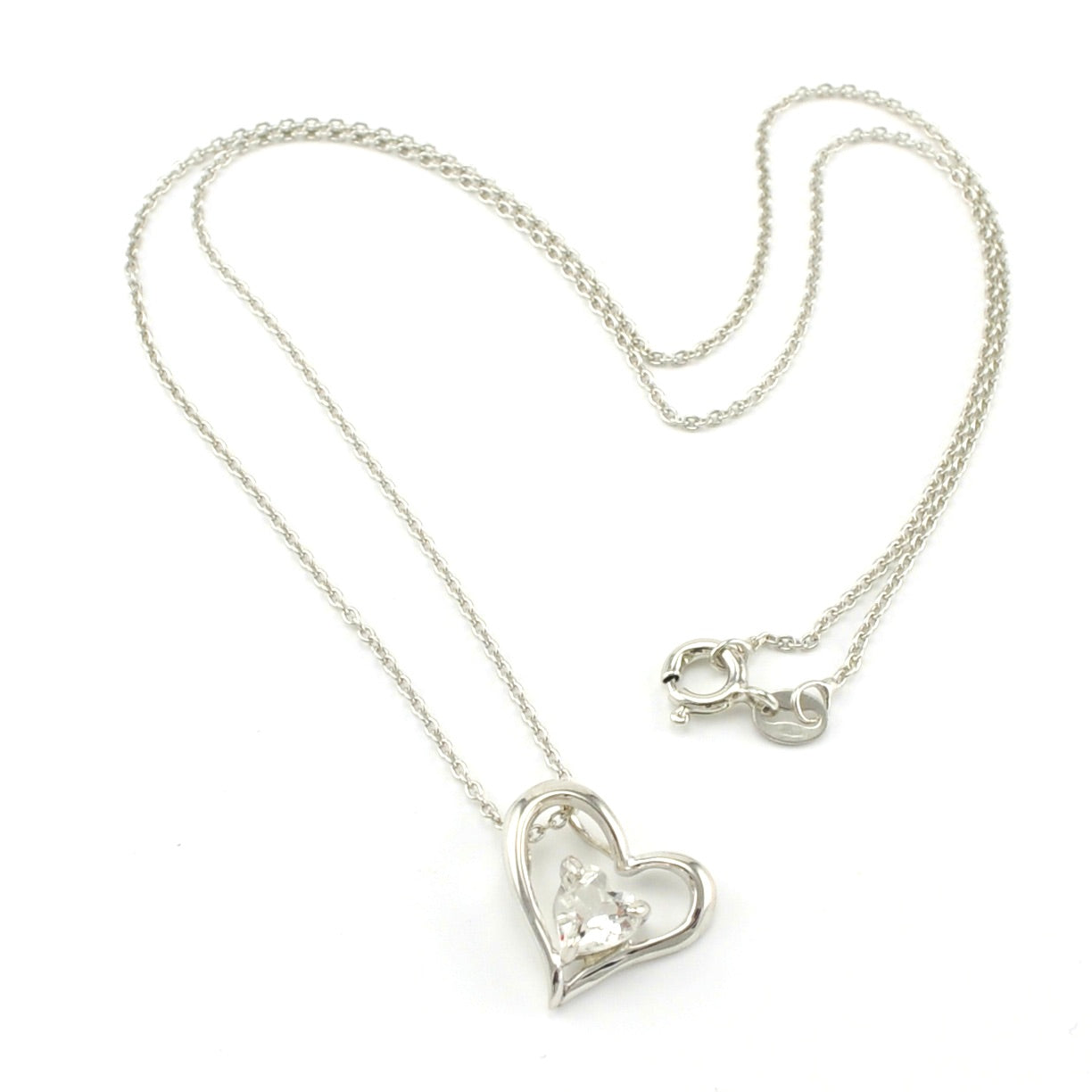 Sterling Silver White Topaz Heart within Heart Necklace