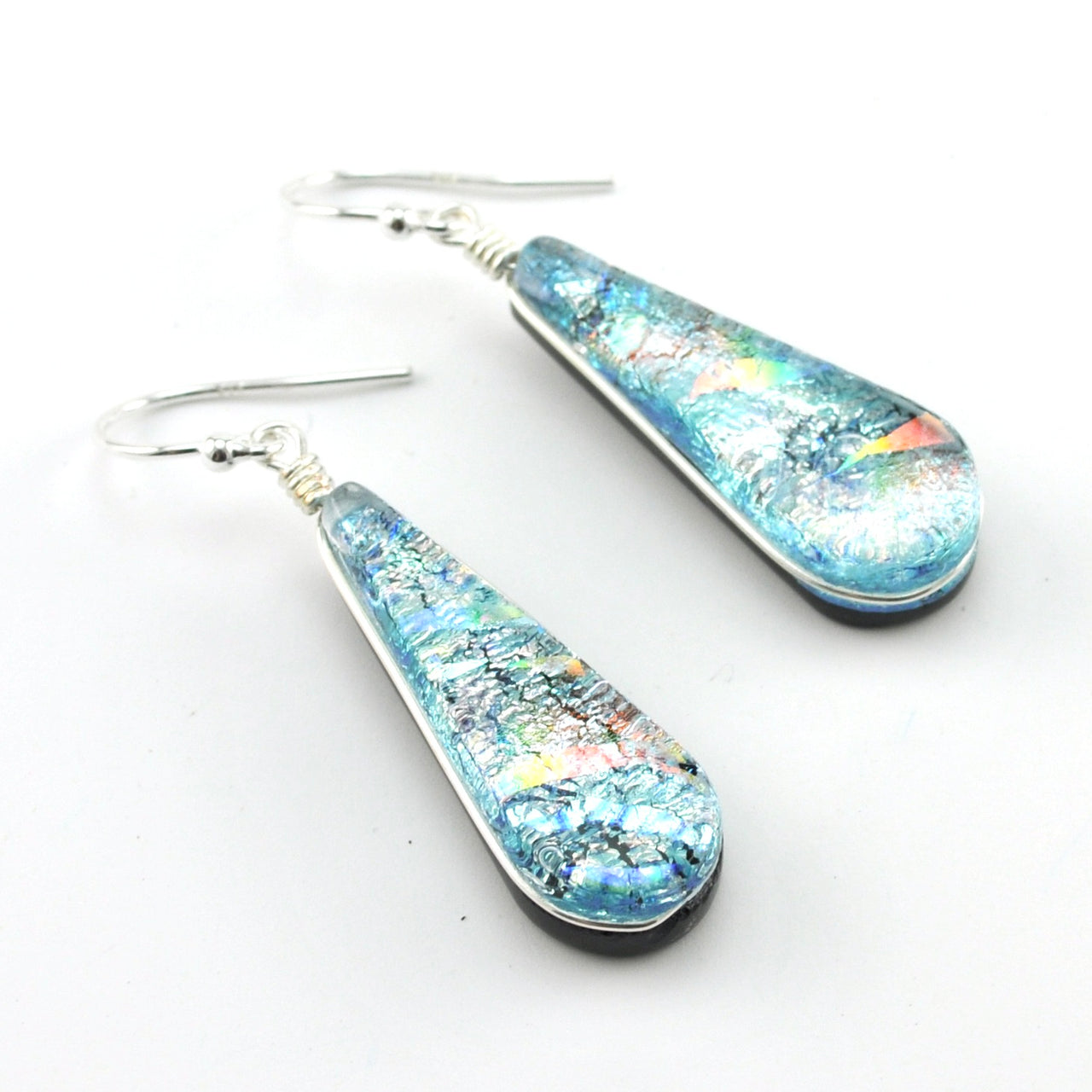 Dichroic Glass Silver Teardrop Earrings