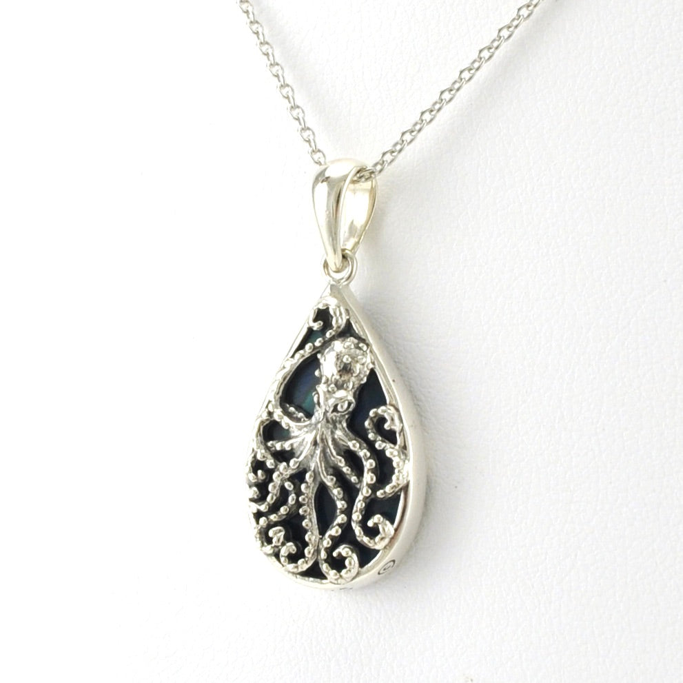 Side View Sterling Silver Blue Abalone Tear Octopus Necklace