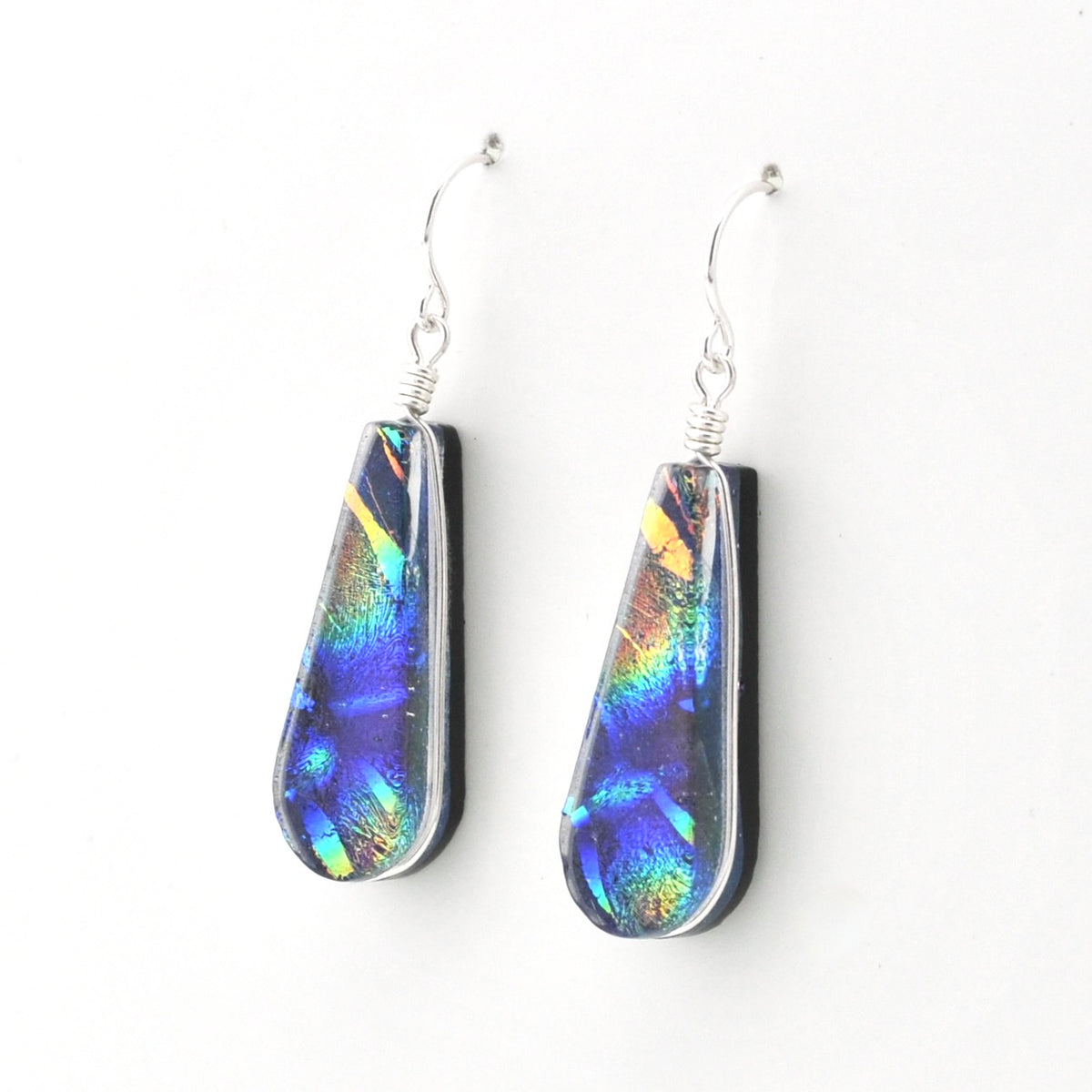 Sterling Silver Dichroic Glass Rainbow Purple Tear Earrings