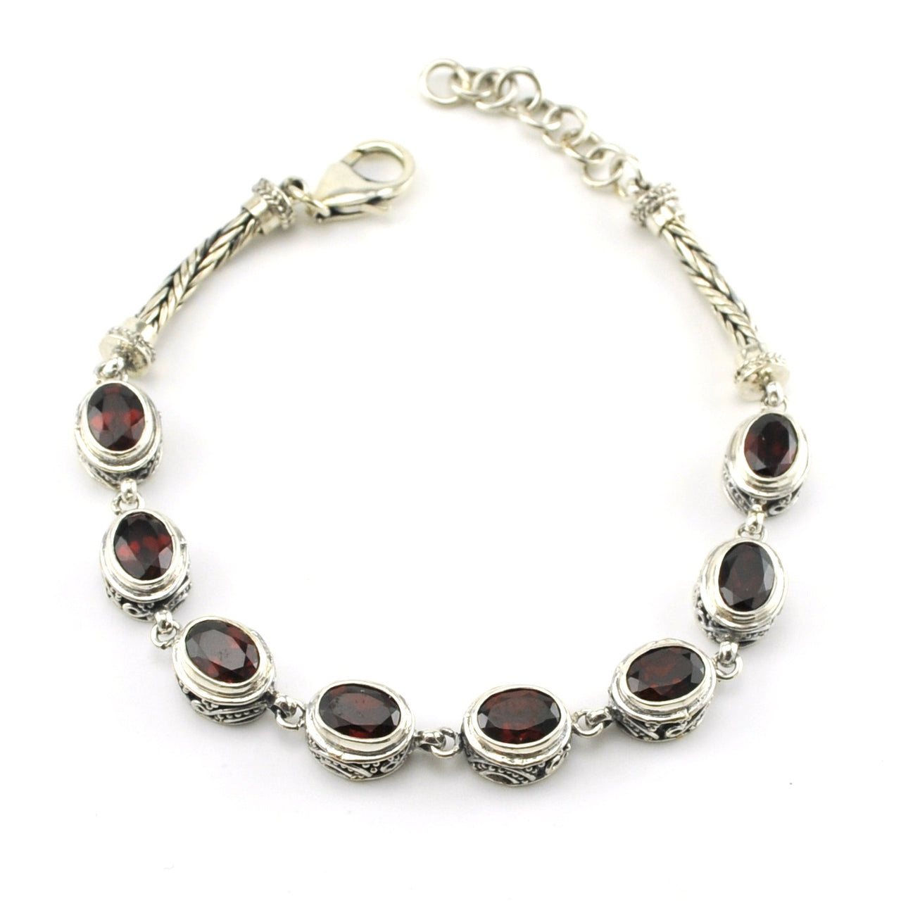 Sterling Silver Garnet Oval Bali Link Bracelet