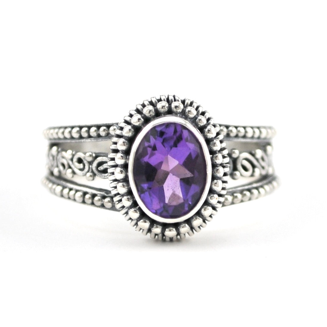 Silver Amethyst 6x8mm Oval 3 Band Scroll Ring