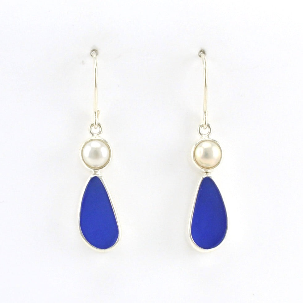 Alt Veiw Sterling Silver Pearl Blue Sea Glass Tear Earrings