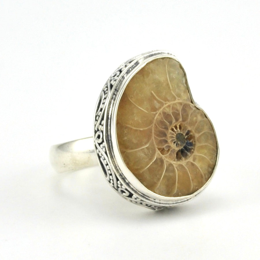 Side View Sterling Silver Ammonite Bali Ring