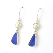 Side View Sterling Silver Pearl Blue Sea Glass Earrings