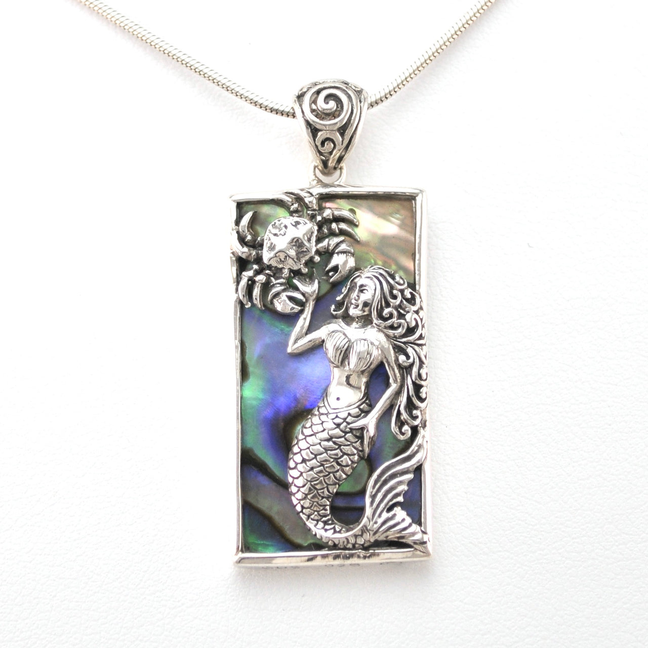 Front View Silver Abalone Mermaid with Crab Pendant