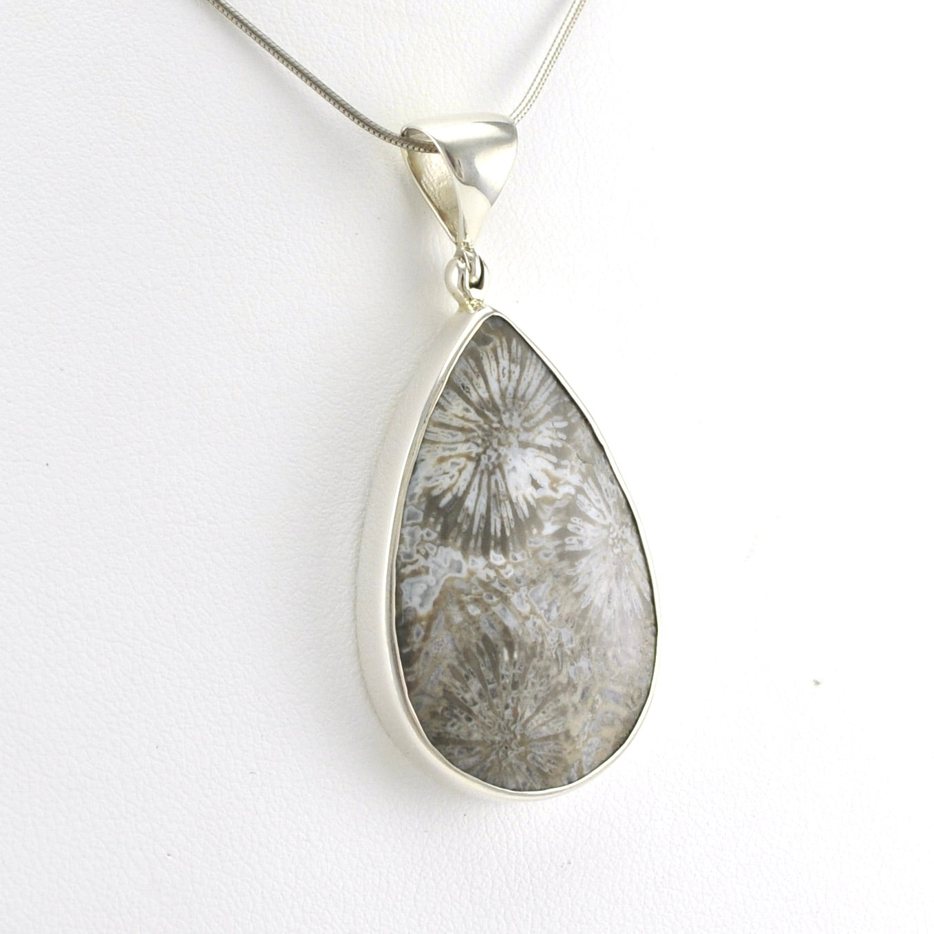 Side View Sterling Silver Fossil Coral Tear Pendant