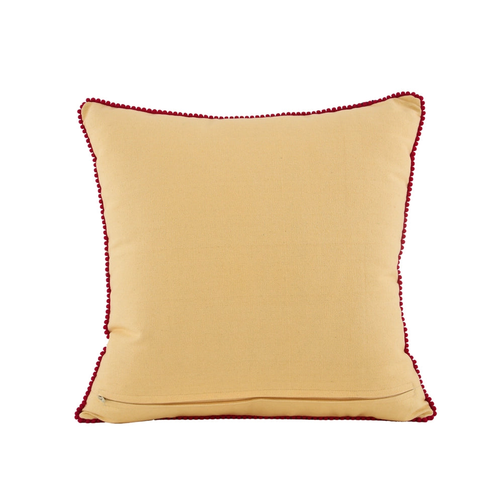 Beige pillow with red trim on a white background