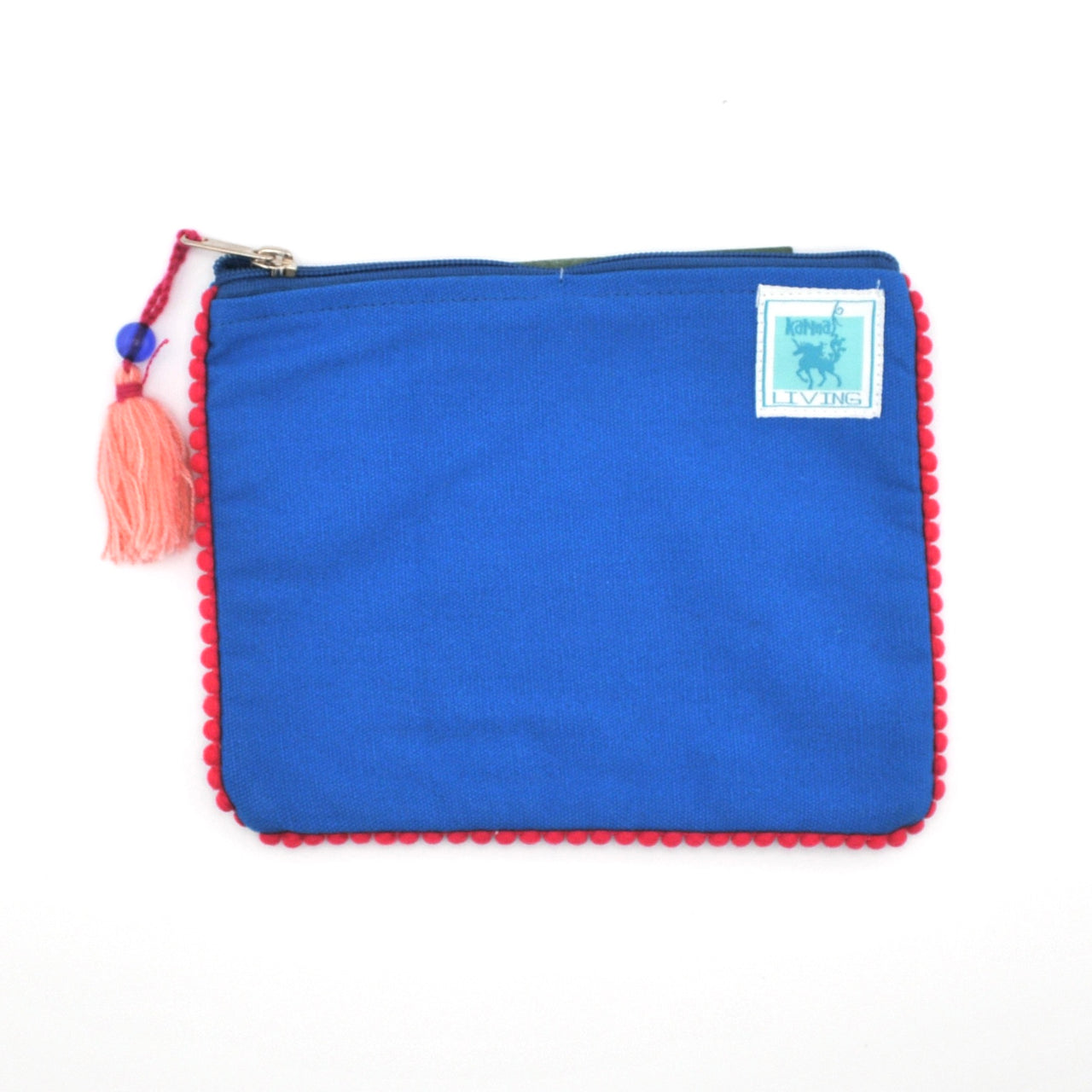 Blue pouch with red trim and tassel on a white background