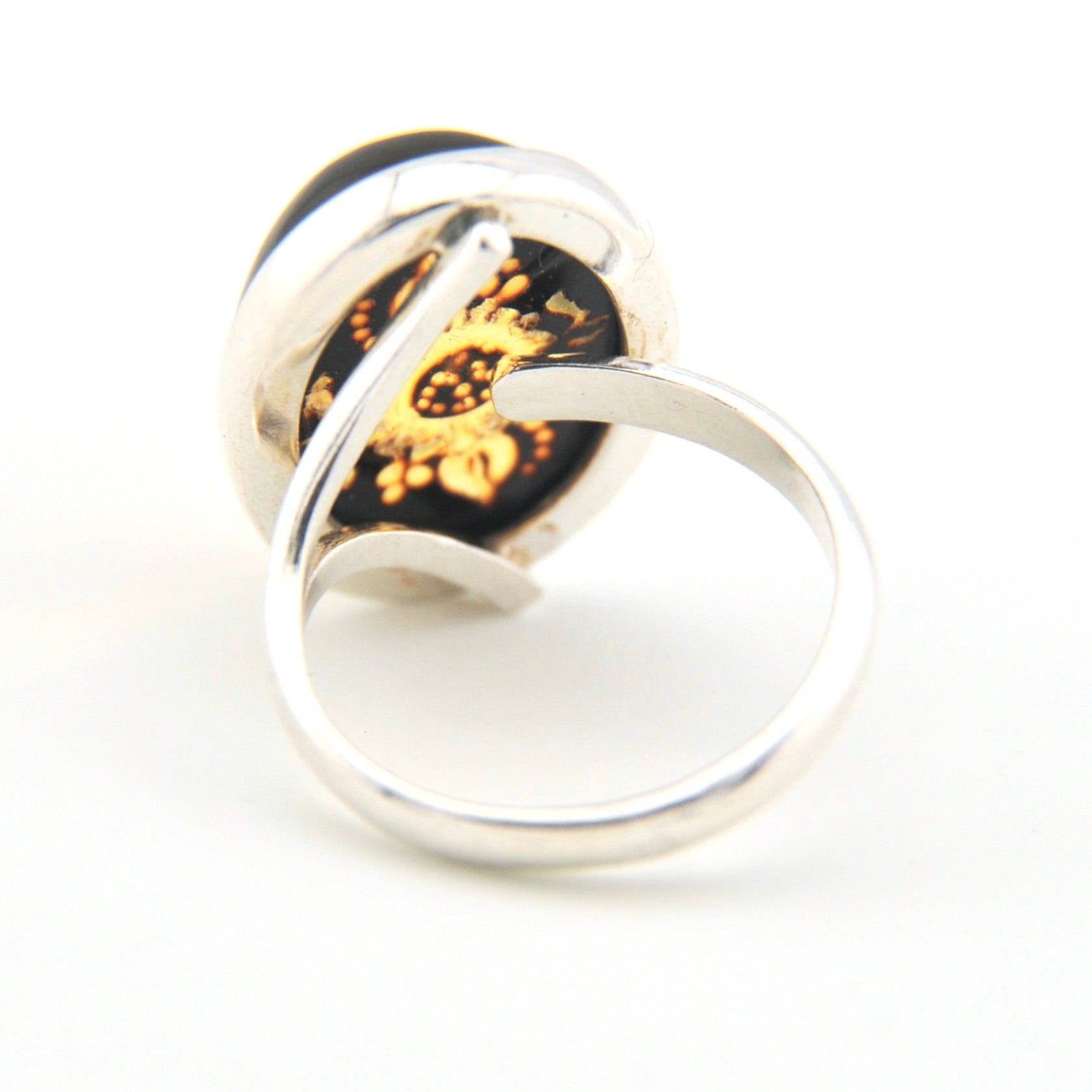 Back Side Silver Amber Intaglio Sunflower Adjustable Ring