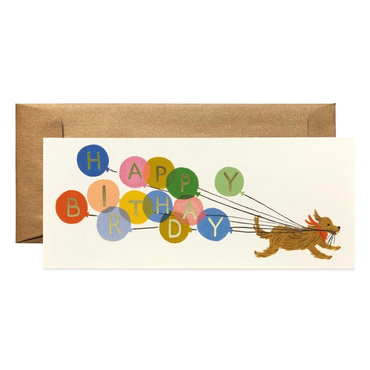 Birthday card with colorful balloons and a dog illustration, featuring a brown envelope.
