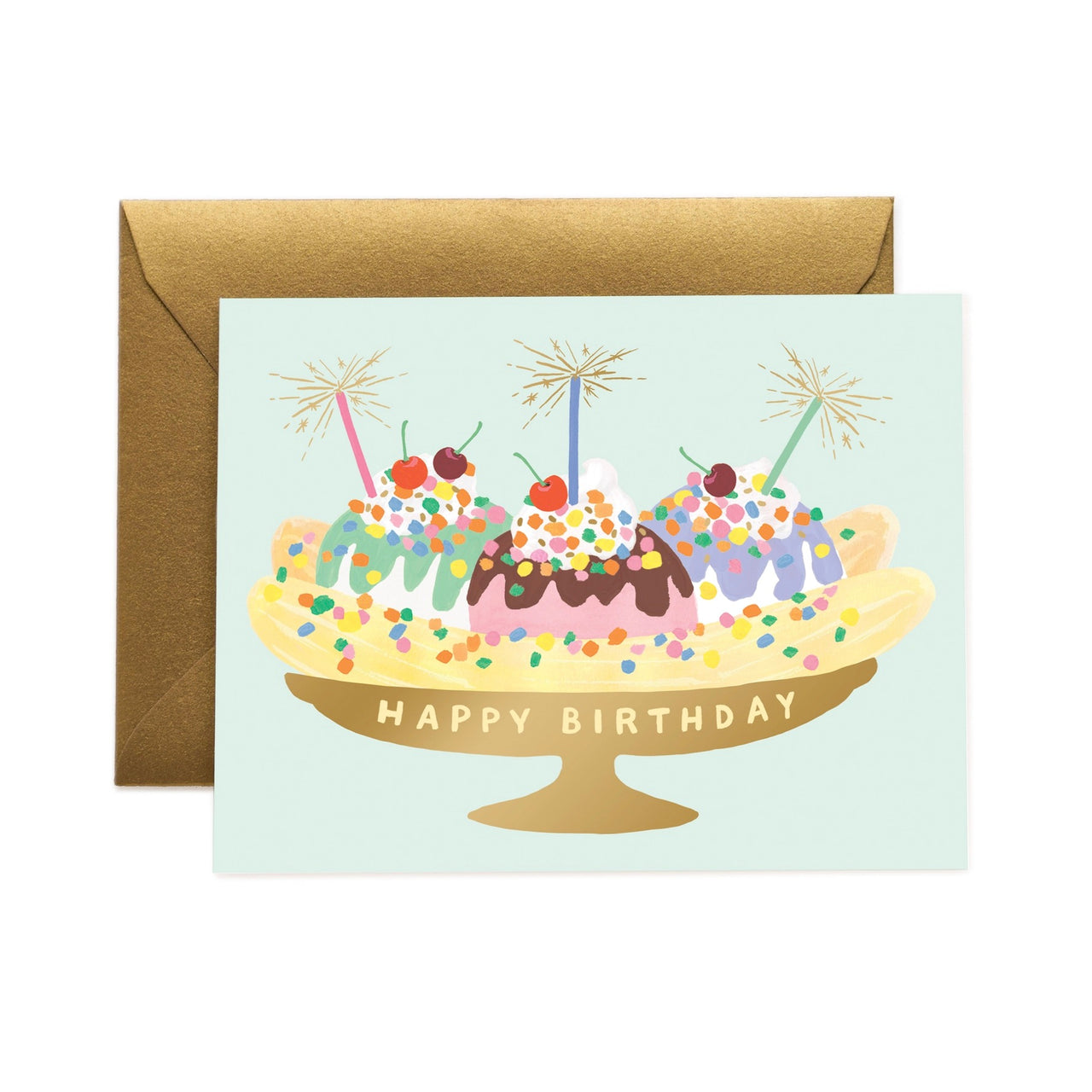 Birthday card with a cake illustration and 'Happy Birthday' text, featuring a brown envelope.