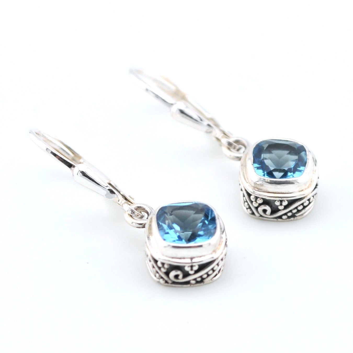 Bezel Detail Silver Blue Topaz 6mm Offset Square Bali Dangle Earrings