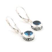 Bezel Detail Silver Blue Topaz 6mm Round Bali Dangle Earrings