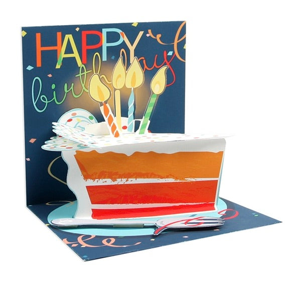 3D birthday card with cake and candles design on a white background