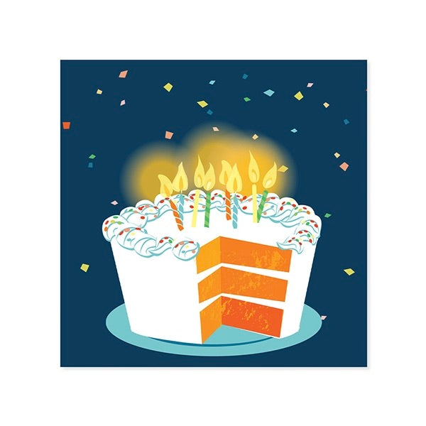 Illustration of a birthday cake with lit candles on a dark blue background