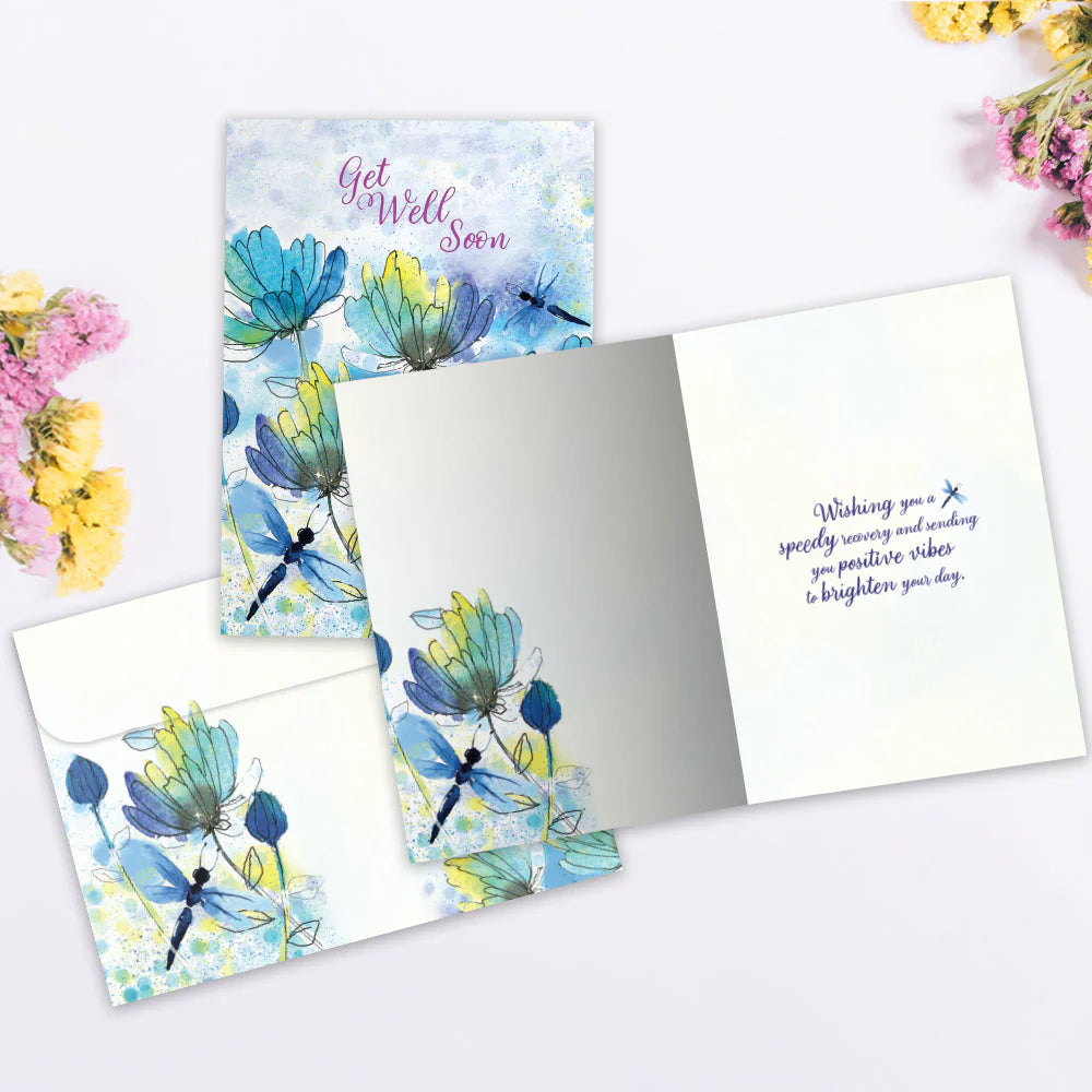 Set of greeting cards with dragonfly designs on a white background