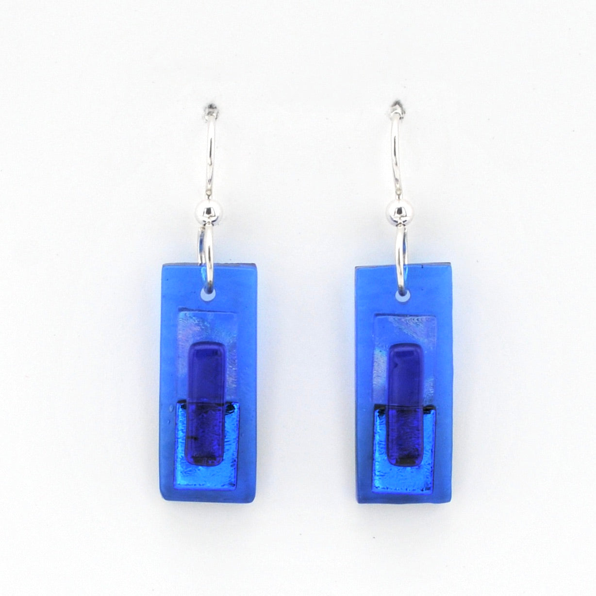 Blue Fused Glass Rectangle Earrings Front View