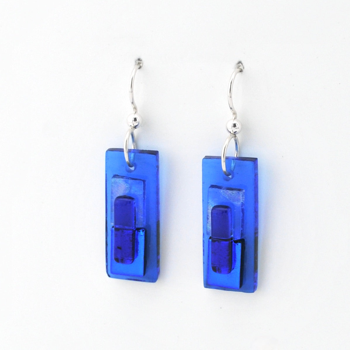 Blue Fused Glass Rectangle Earrings Side View 