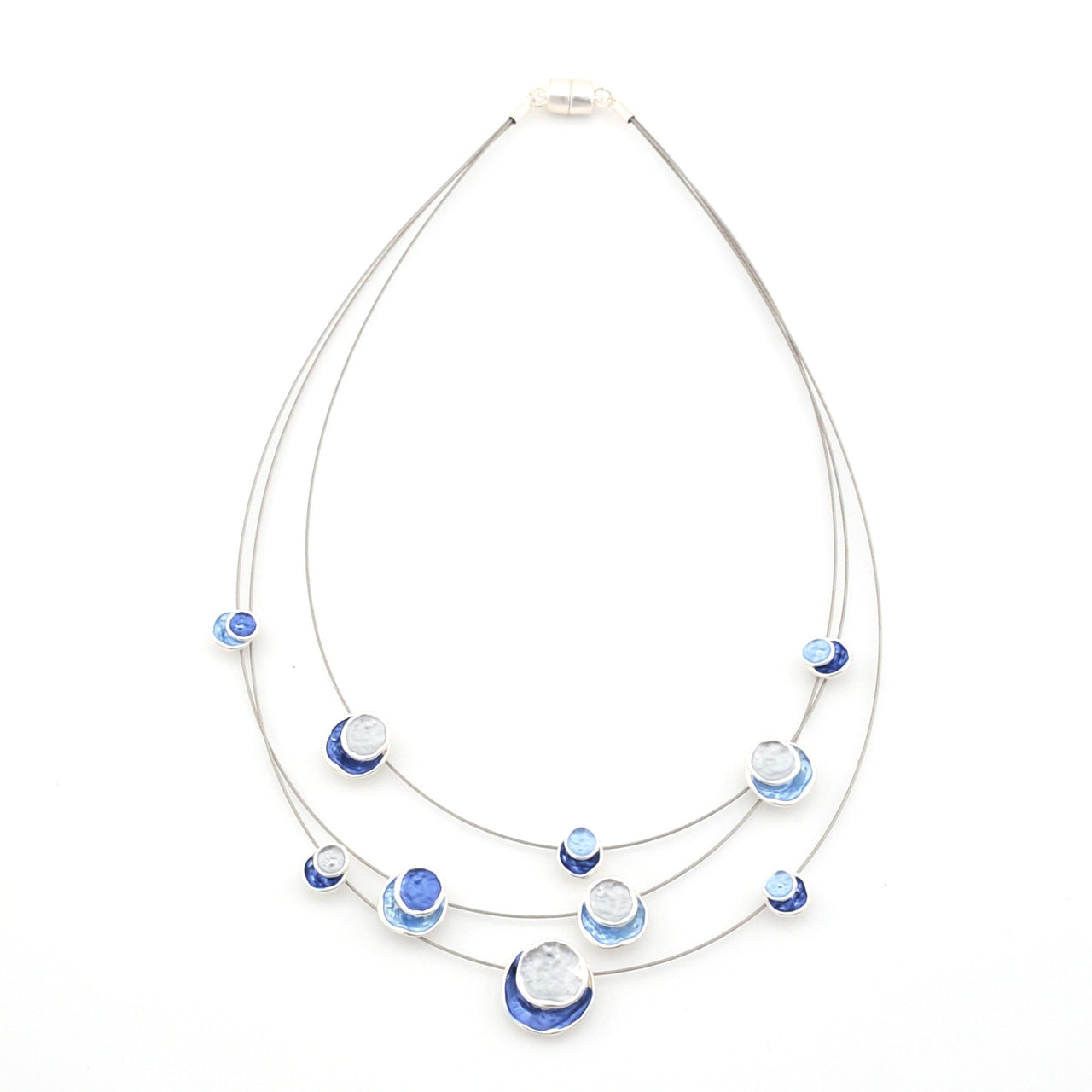 Necklace with blue and clear circle beads on a white background