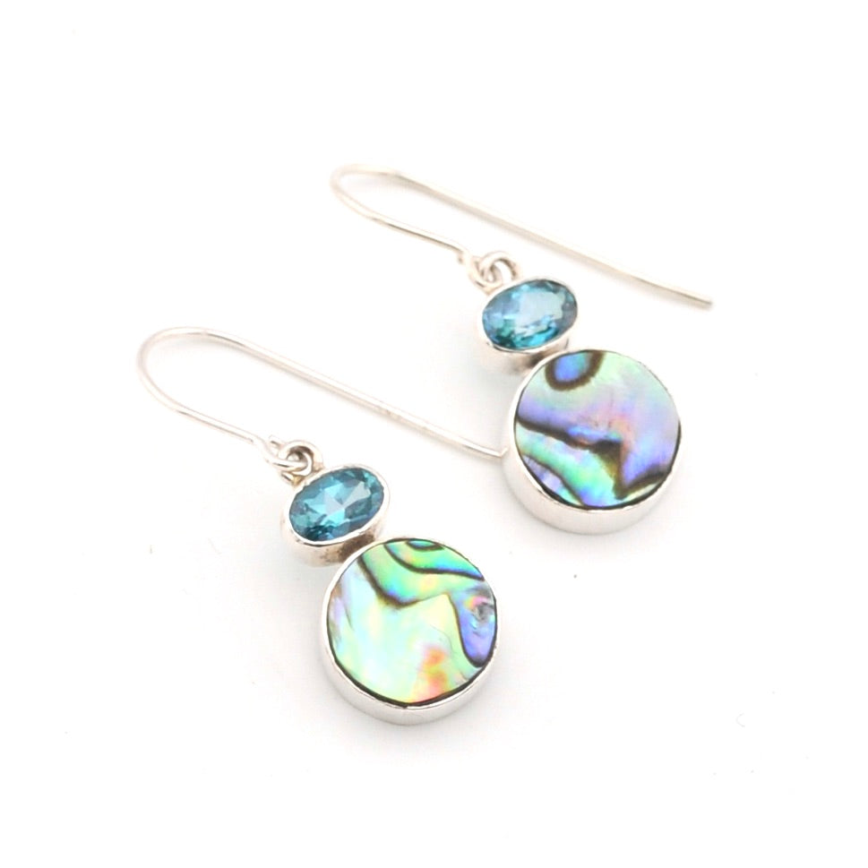 Pair of earrings with abalone shell and blue gemstones on a white background