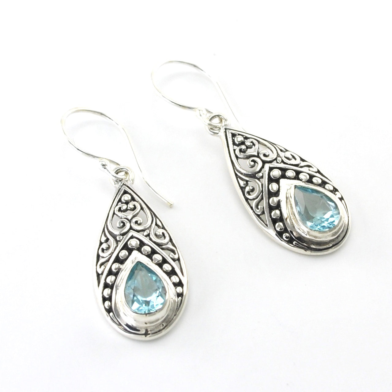 Blue Topaz Tear Bali Dangle Earrings