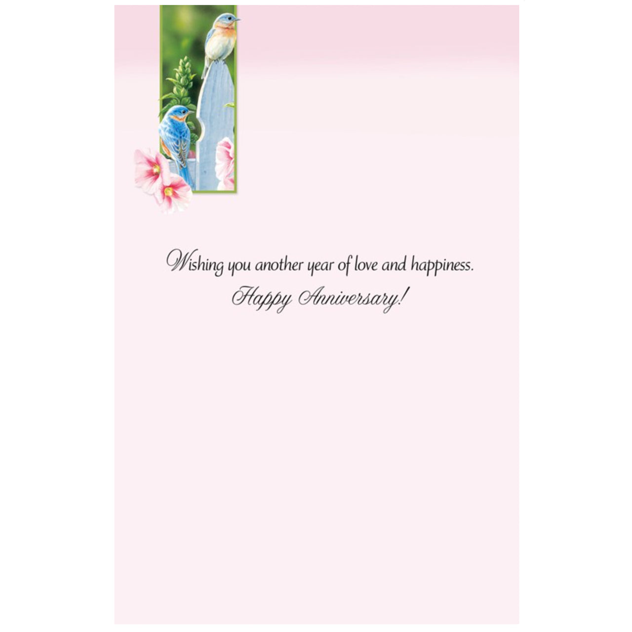 Anniversary card with birds on a branch and flowers on a pink background