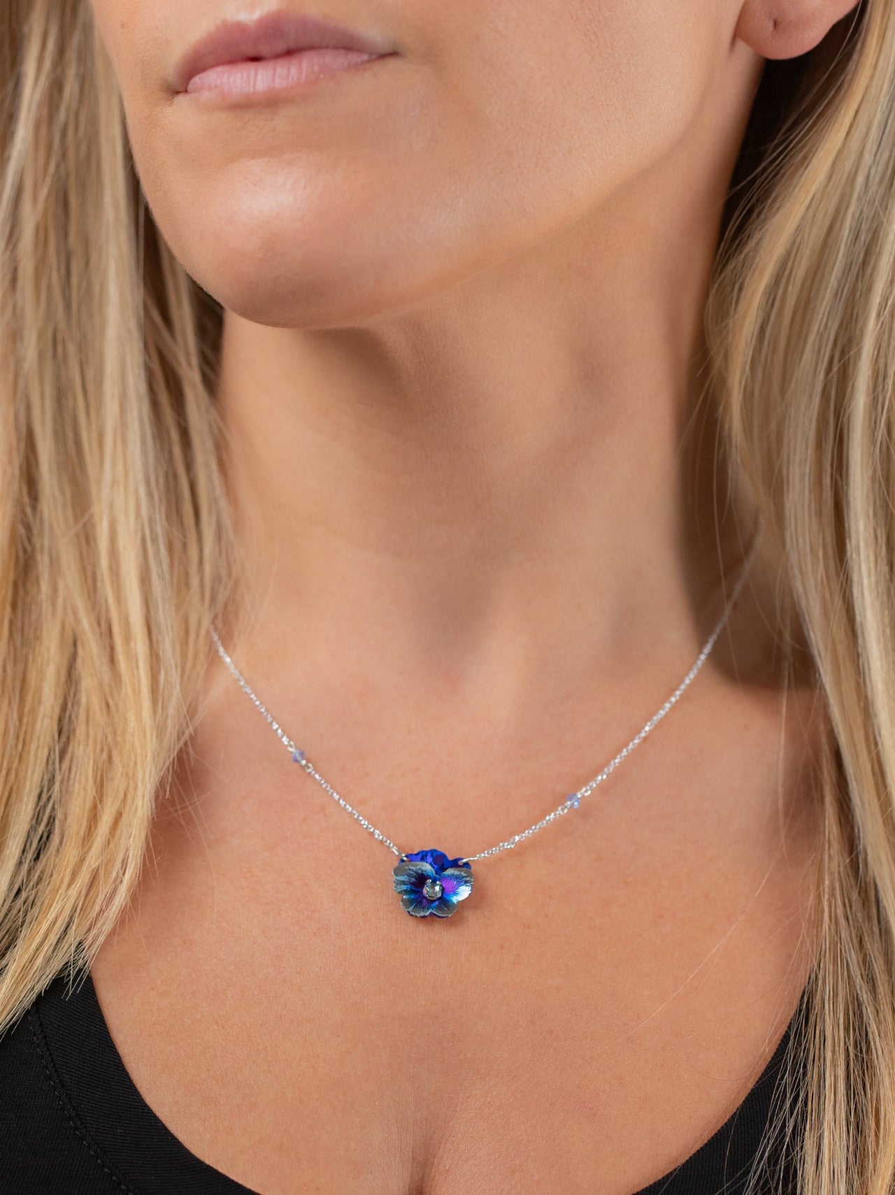 Bonnie Blue Garden Pansy Pendant Necklace on Model