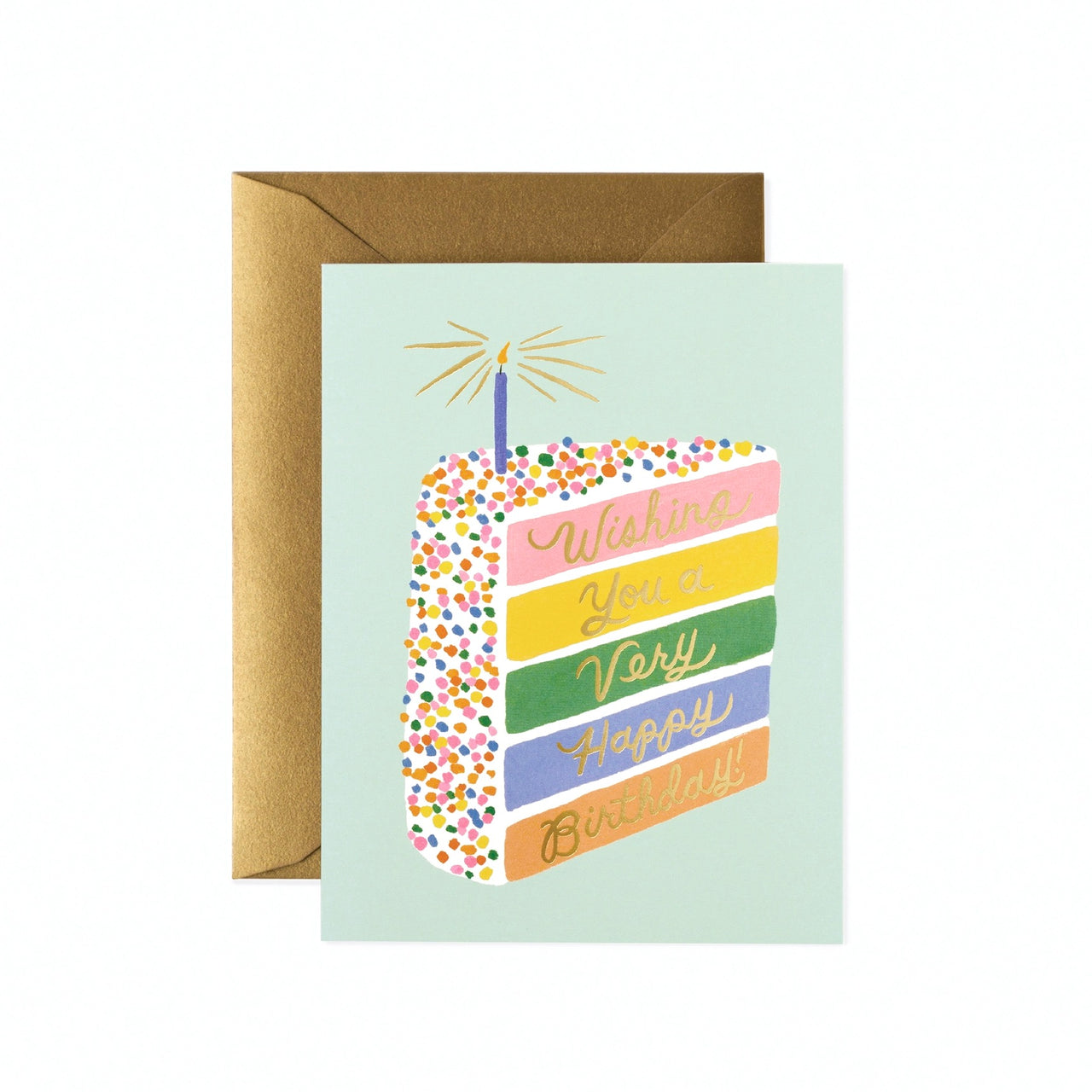 Greeting card with a colorful birthday cake illustration and gold envelope on a white background