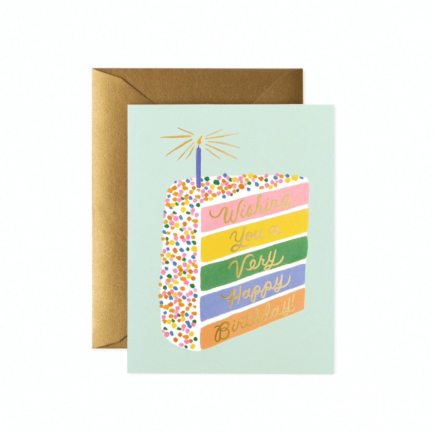 Greeting card with a colorful birthday cake illustration and gold envelope on a white background