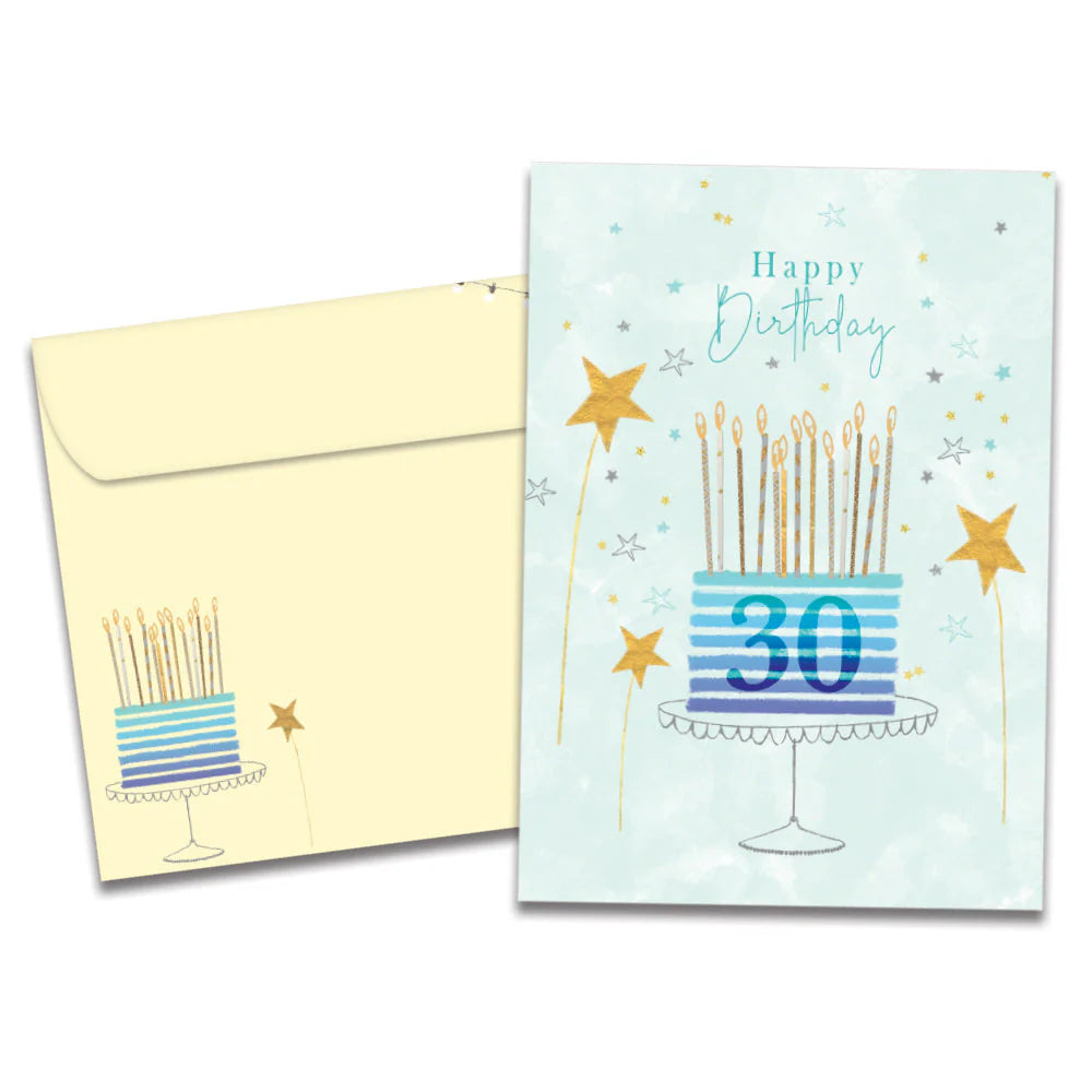 Birthday card with candles and '30' on a cake, featuring a matching envelope.