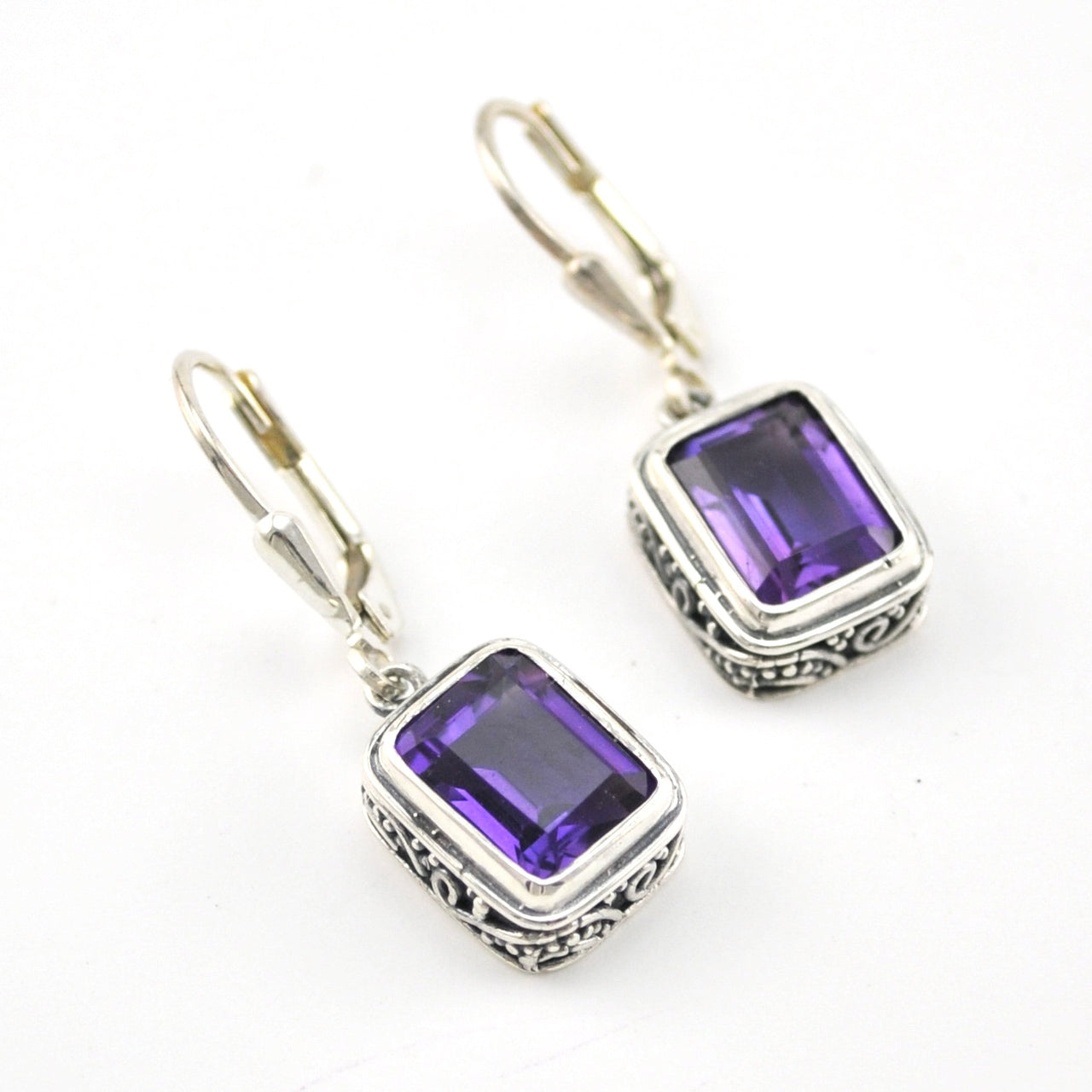 Silver Amethyst 7x9mm Rectangle Bali Earrings