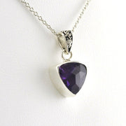 Side View Sterling Silver Amethyst 10mm Trillion Necklace