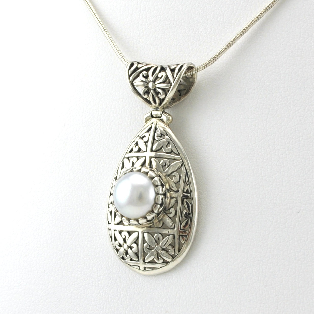Side View Sterling Silver Bali Tear with Pearl Necklace