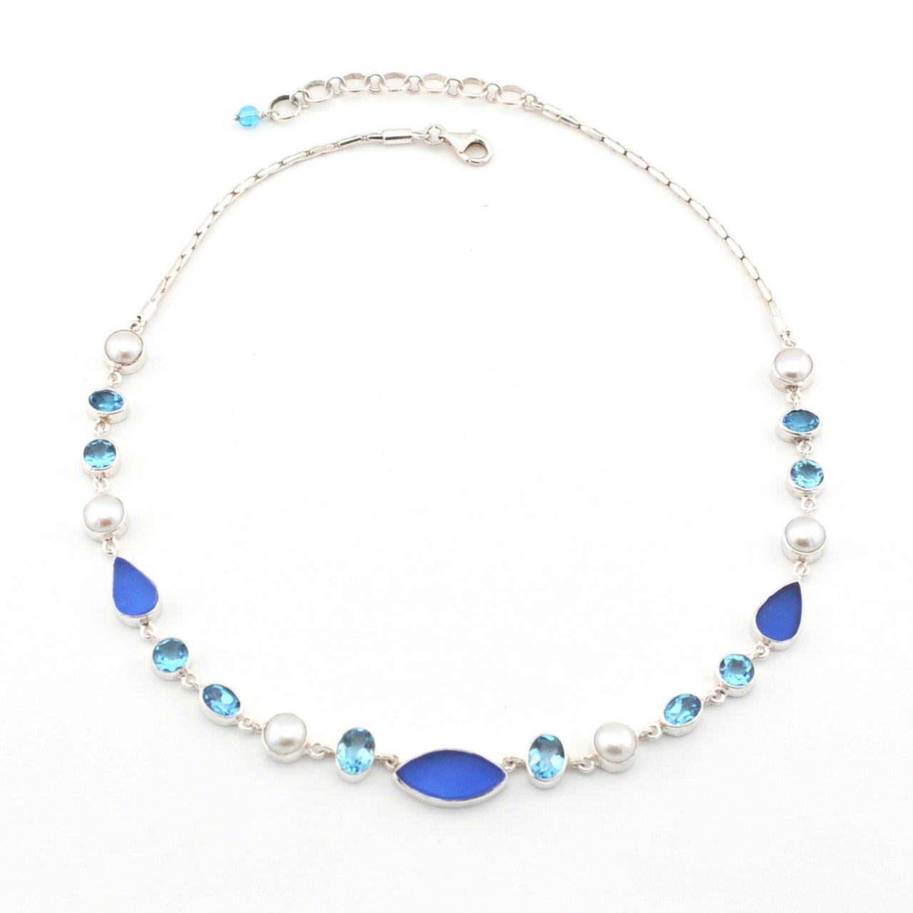 Sterling Silver Cobalt Sea Glass Blue Topaz Pearl Necklace