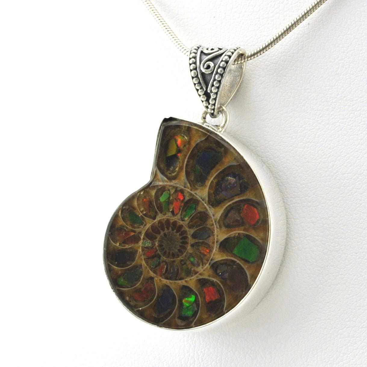 Silver Ammonite with Inlaid Ammolite Pendant