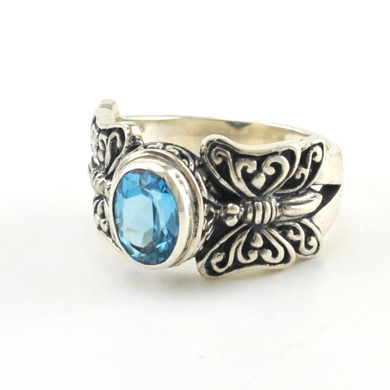 Side View Sterling Silver Blue Topaz 6x8mm Oval Butterfly Ring