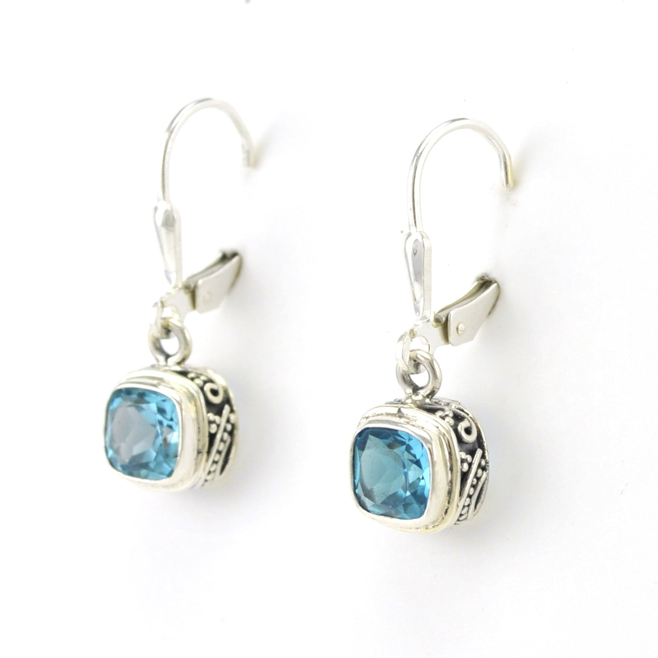 Side View Sterling Silver Blue Topaz 6mm Square Bali Dangle Earrings