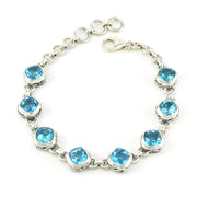 Sterling Silver Blue Topaz Square Bali Link Bracelet