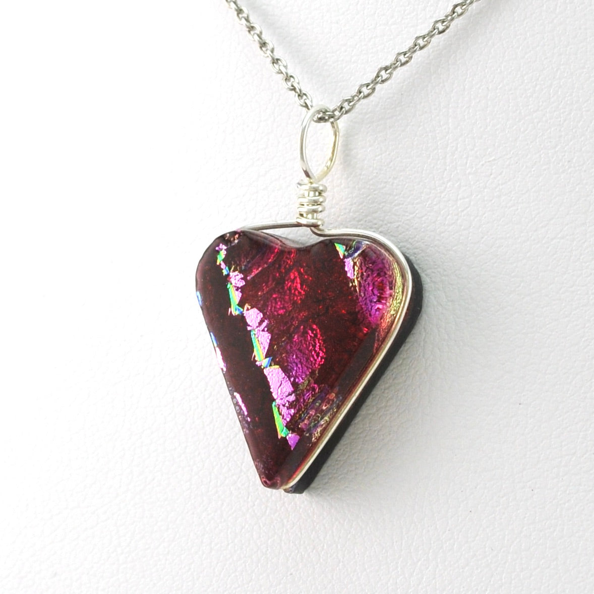 Cranberry Red Dichroic Glass Heart Pendant