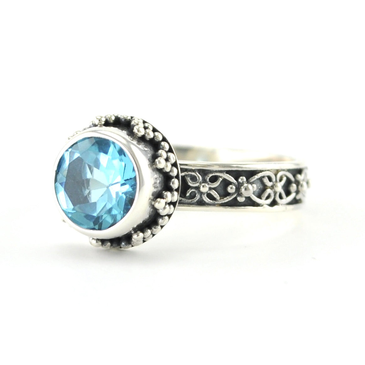 Sterling Silver Blue Topaz 7mm Round Bali Ring