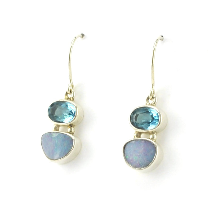 Side View Sterling Silver Australian Opal Topaz Earrings