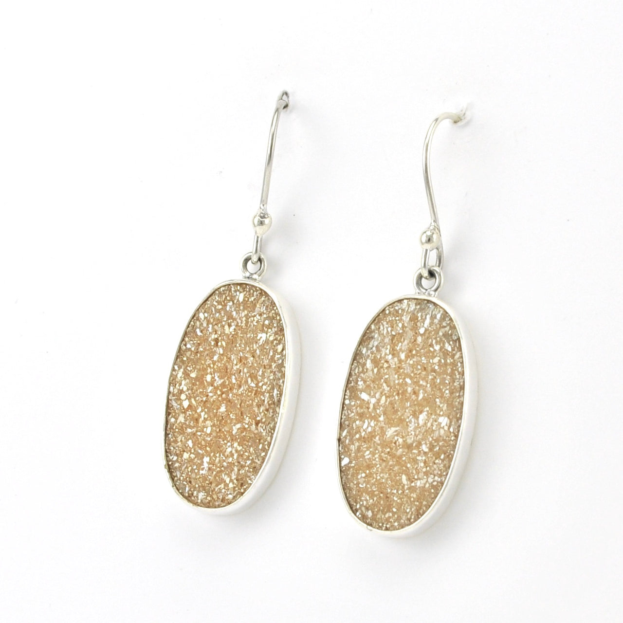 Side View Sterling Silver Champagne Druzy Agate Oval Earrings